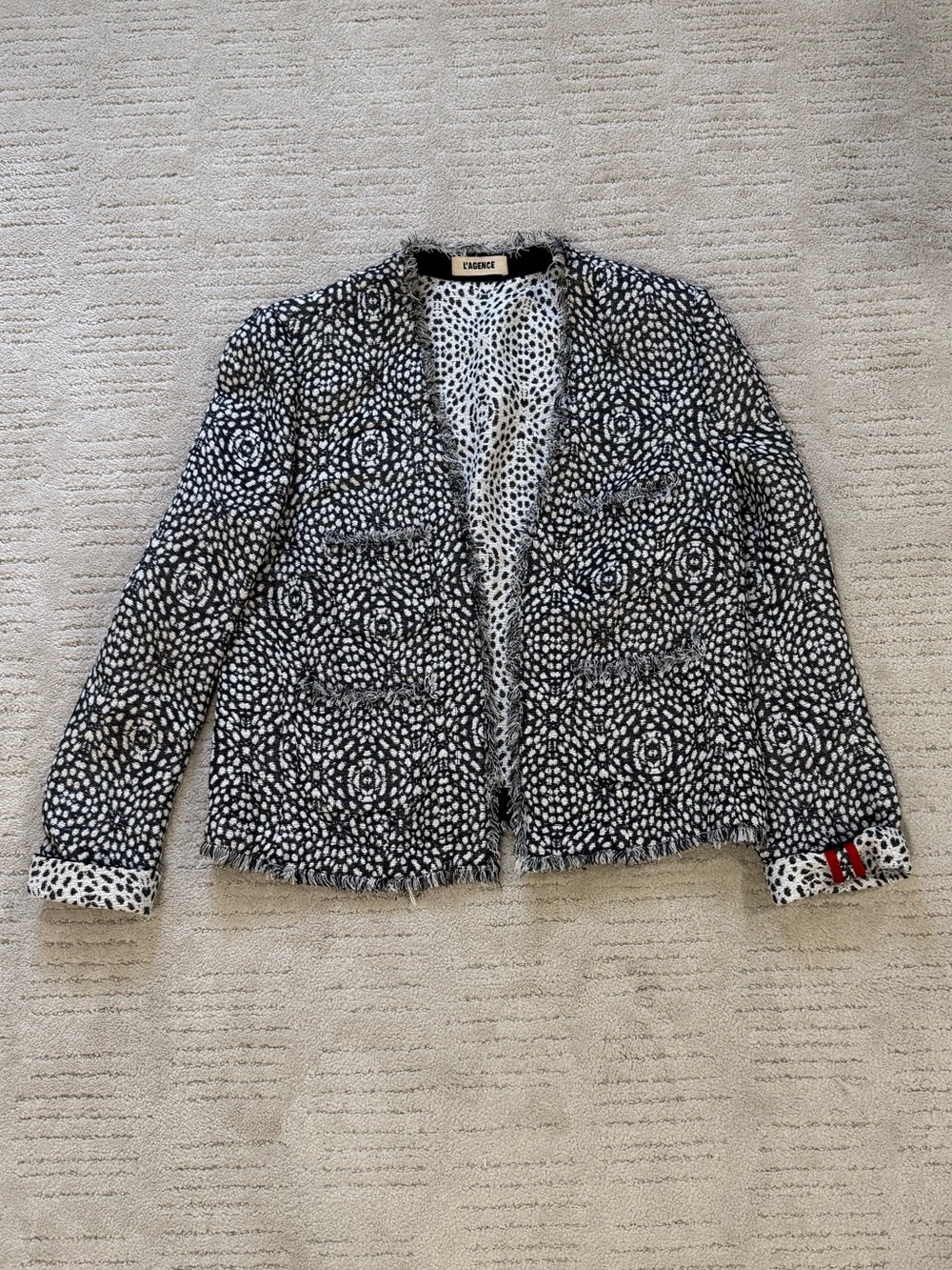 L'AGENCE Black and White Textured Tweed Open-Front Jacket